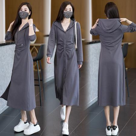 FA38722# 初秋连帽长袖连衣裙秋款女装新款修身显瘦设计感小众长裙子 服裝批發女裝批發服飾貨源