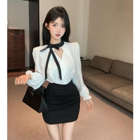 FA38724# 法式气质蝴蝶结撞色v领衬衫女秋季新款韩系穿搭高级感包臀裙套装 服裝批發女裝批發服飾貨源