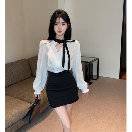 FA38724# 法式气质蝴蝶结撞色v领衬衫女秋季新款韩系穿搭高级感包臀裙套装 服裝批發女裝批發服飾貨源