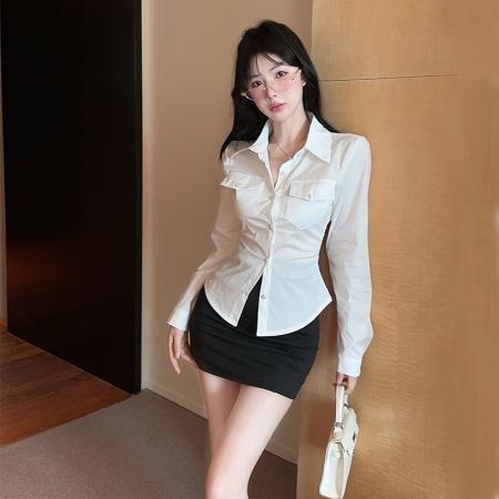 FA38725# 性感纯欲单排扣长袖衬衣女秋季新款修身显瘦短款辣妹收腰衬衫上衣 服裝批發女裝批發服飾貨源