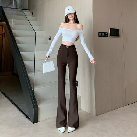 FA38732# 咖色微喇裤女秋季高腰垂感西装喇叭裤显瘦修身弹力马蹄裤拖地长裤 服裝批發女裝批發服飾貨源