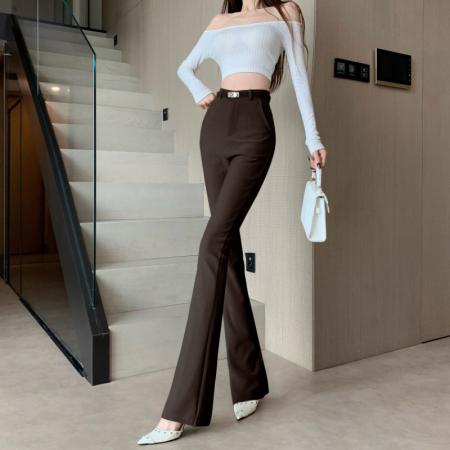 FA38732# 咖色微喇裤女秋季高腰垂感西装喇叭裤显瘦修身弹力马蹄裤拖地长裤 服裝批發女裝批發服飾貨源