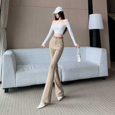 FA38732# 咖色微喇裤女秋季高腰垂感西装喇叭裤显瘦修身弹力马蹄裤拖地长裤 服裝批發女裝批發服飾貨源
