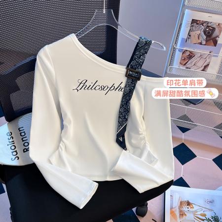 FA38735# 新款美式辣妹纯欲丝带款斜肩长袖t恤修身露肩上衣 服裝批發女裝批發服飾貨源