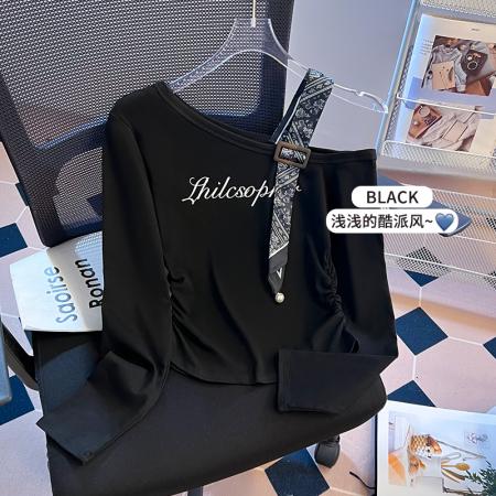 FA38735# 新款美式辣妹纯欲丝带款斜肩长袖t恤修身露肩上衣 服裝批發女裝批發服飾貨源
