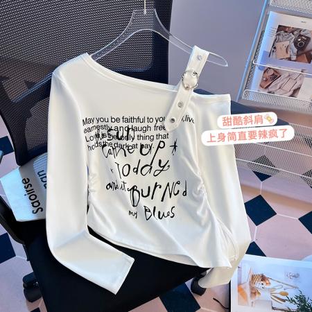 FA38736# 新款美式辣妹纯欲设计感斜肩长袖t恤修身露肩上衣 服裝批發女裝批發服飾貨源
