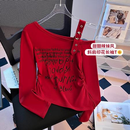 FA38736# 新款美式辣妹纯欲设计感斜肩长袖t恤修身露肩上衣 服裝批發女裝批發服飾貨源