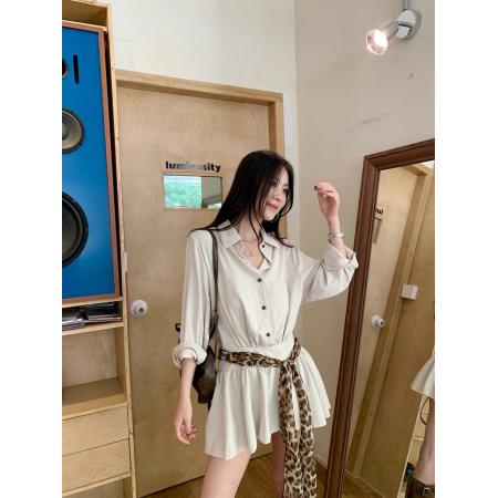 FA38741# 千禧少女复古工装甜酷风衬衫连衣裙女穿搭豹纹飘带收腰显瘦短裙 服裝批發女裝批發服飾貨源