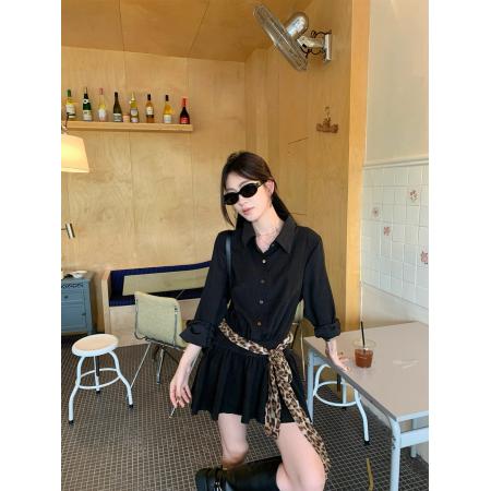 FA38741# 千禧少女复古工装甜酷风衬衫连衣裙女穿搭豹纹飘带收腰显瘦短裙 服裝批發女裝批發服飾貨源
