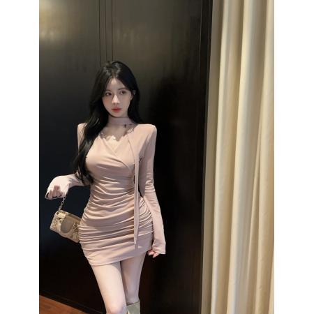 FA38744# 甜辣设计感飘带V领针织连衣裙女性感褶皱修身显瘦包臀裙 服裝批發女裝批發服飾貨源