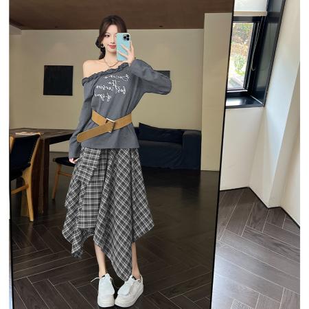FA38745# 休闲穿搭套装女斜肩木耳边字母印花T恤格纹半身裙两件套 服裝批發女裝批發服飾貨源