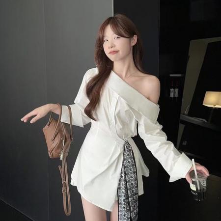 FA38746# 复古不规则斜领露肩长袖衬衫女设计感小众显瘦衬衣高腰短裤两件套 服裝批發女裝批發服飾貨源
