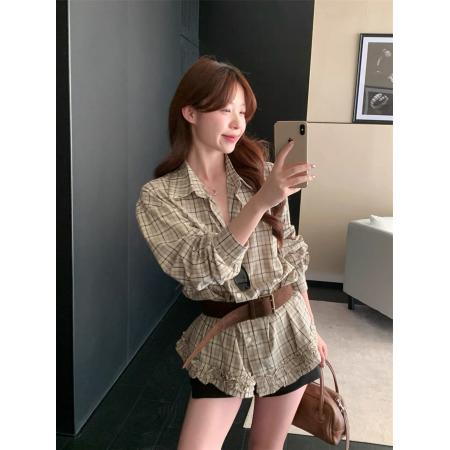 FA38747# 柠檬绿茶新韩版宽松收腰木耳边格纹衬衫女复古设计感百搭休闲上衣 服裝批發女裝批發服飾貨源