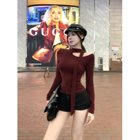 FA38749# 纯欲辣妹挂脖上衣女秋冬长袖T恤高级感显身材内搭打底衫 服裝批發女裝批發服飾貨源