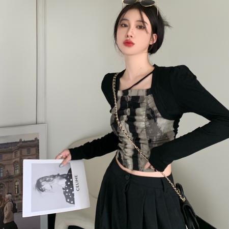 FA38751# 复古别致扎染独特长袖新款打底衫T恤女秋季修身显瘦短款辣妹上衣 服裝批發女裝批發服飾貨源