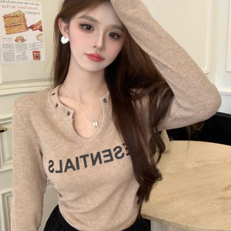 FA38753# 300克坑条美式复古v领长袖T恤秋季辣妹收腰短款打底衫内搭上衣 服裝批發女裝批發服飾貨源