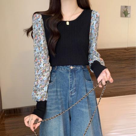 FA38756# 原版做工女遮肚子碎花拼接长袖泡泡袖胖MM修身显瘦打底衫上衣 服裝批發女裝批發服飾貨源