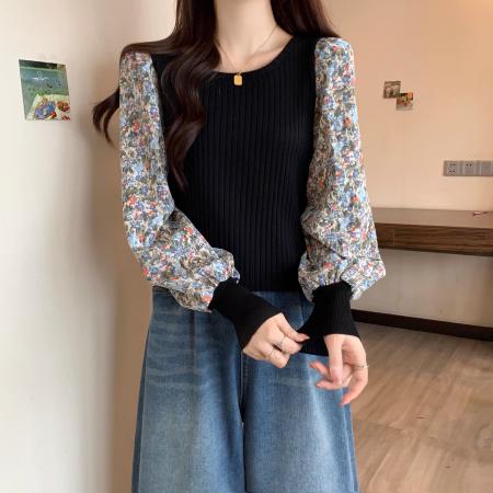 FA38756# 原版做工女遮肚子碎花拼接长袖泡泡袖胖MM修身显瘦打底衫上衣 服裝批發女裝批發服飾貨源