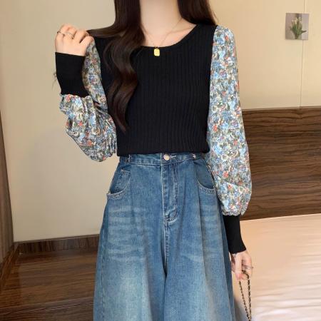 FA38756# 原版做工女遮肚子碎花拼接长袖泡泡袖胖MM修身显瘦打底衫上衣 服裝批發女裝批發服飾貨源