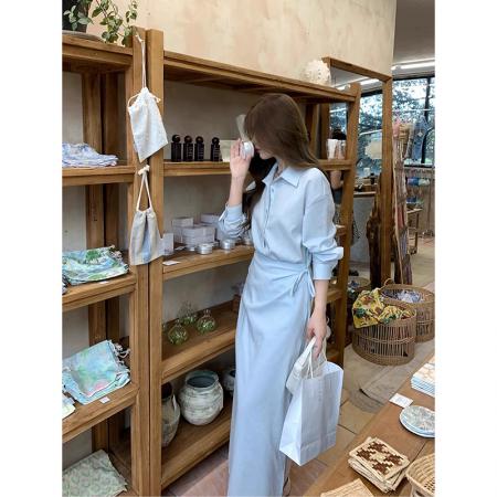 FA38759# 高级感假两件蓝色衬衫连衣裙女早秋季小众设计显瘦气质POLO长裙 服裝批發女裝批發服飾貨源
