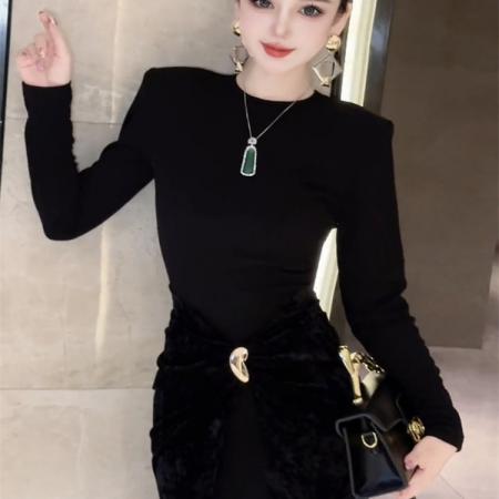 FA38760# 秋季网红新款假两件连衣裙女轻奢名媛风丝绒拼接修身显瘦长裙 服裝批發女裝批發服飾貨源