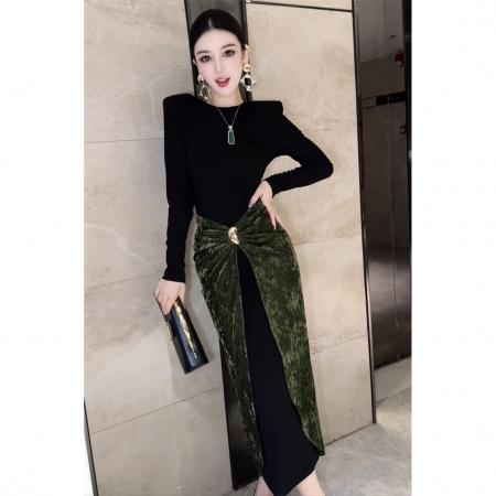 FA38760# 秋季网红新款假两件连衣裙女轻奢名媛风丝绒拼接修身显瘦长裙 服裝批發女裝批發服飾貨源