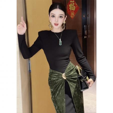 FA38760# 秋季网红新款假两件连衣裙女轻奢名媛风丝绒拼接修身显瘦长裙 服裝批發女裝批發服飾貨源