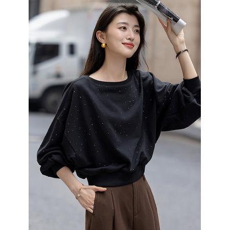 FA38764# 优雅风亮片圆领卫衣女秋季新款气质时尚宽松舒适休闲上衣 服裝批發女裝批發服飾貨源