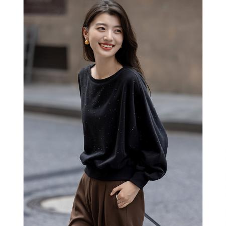 FA38764# 优雅风亮片圆领卫衣女秋季新款气质时尚宽松舒适休闲上衣 服裝批發女裝批發服飾貨源