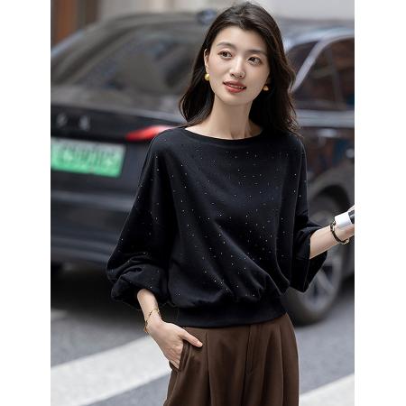 FA38764# 优雅风亮片圆领卫衣女秋季新款气质时尚宽松舒适休闲上衣 服裝批發女裝批發服飾貨源