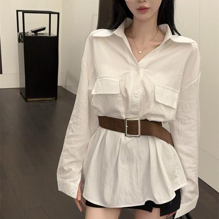 FA38770# 新款高级感气质翻领减龄长袖衬衫女配腰带 服裝批發女裝批發服飾貨源