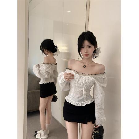 FA38771# 新款超好看波点蕾丝花边修身长袖衬衫上衣女配发圈 服裝批發女裝批發服飾貨源