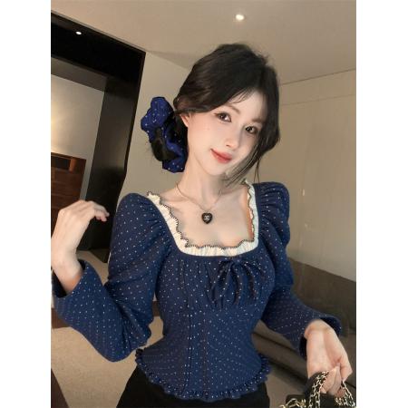 FA38771# 新款超好看波点蕾丝花边修身长袖衬衫上衣女配发圈 服裝批發女裝批發服飾貨源