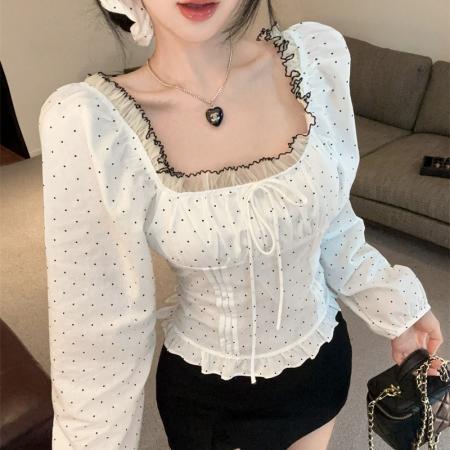 FA38771# 新款超好看波点蕾丝花边修身长袖衬衫上衣女配发圈 服裝批發女裝批發服飾貨源