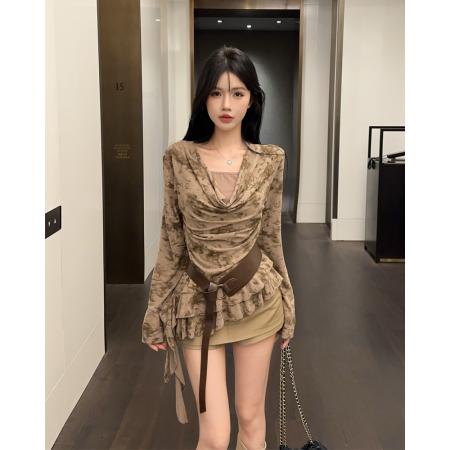 FA38775# 新款高级感百搭假两件荡领长袖T恤上衣女配皮带 服裝批發女裝批發服飾貨源