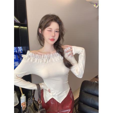 FA38776# 辣妹性感重工镶钻一字肩纯棉长袖上衣女 服裝批發女裝批發服飾貨源