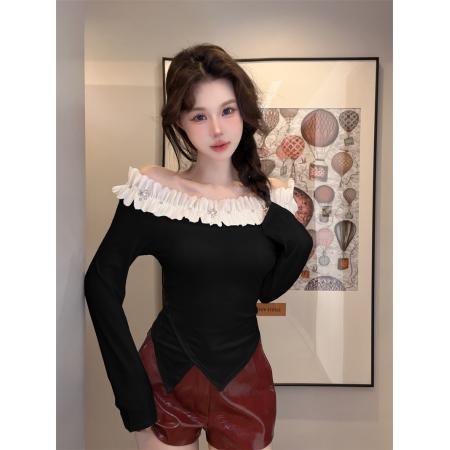 FA38776# 辣妹性感重工镶钻一字肩纯棉长袖上衣女 服裝批發女裝批發服飾貨源