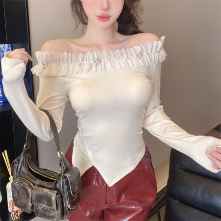 FA38776# 辣妹性感重工镶钻一字肩纯棉长袖上衣女 服裝批發女裝批發服飾貨源