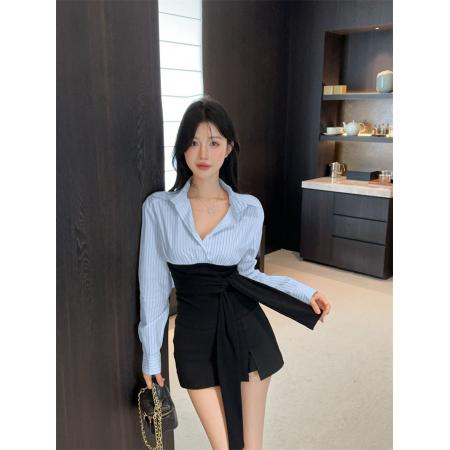 FA38779# 新款气质时尚长袖条纹衬衫拼接绑带上衣女 服裝批發女裝批發服飾貨源