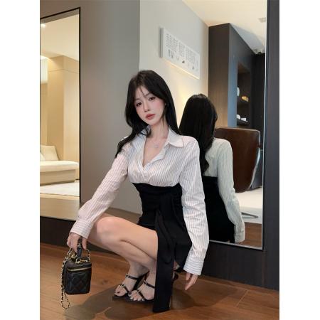 FA38779# 新款气质时尚长袖条纹衬衫拼接绑带上衣女 服裝批發女裝批發服飾貨源
