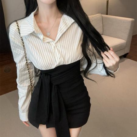 FA38779# 新款气质时尚长袖条纹衬衫拼接绑带上衣女 服裝批發女裝批發服飾貨源