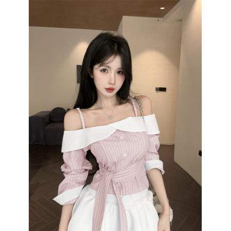 FA38780# 新款甜辣妹拼色一字肩条纹吊带长袖衬衫女 服裝批發女裝批發服飾貨源