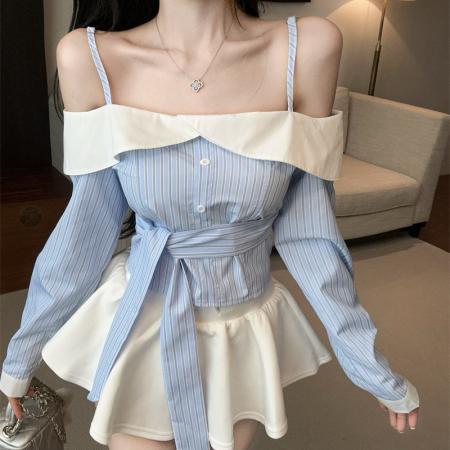 FA38780# 新款甜辣妹拼色一字肩条纹吊带长袖衬衫女 服裝批發女裝批發服飾貨源