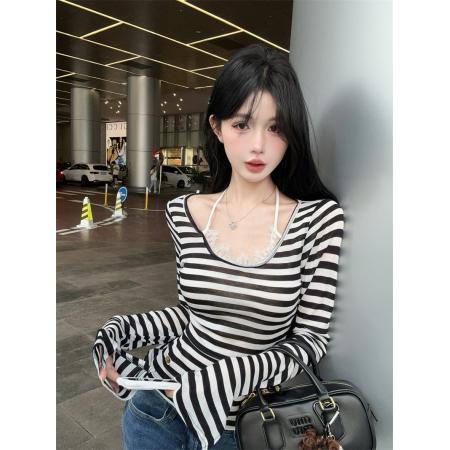 FA38781# 新款设计感蕾丝挂脖撞色条纹T恤上衣女 服裝批發女裝批發服飾貨源