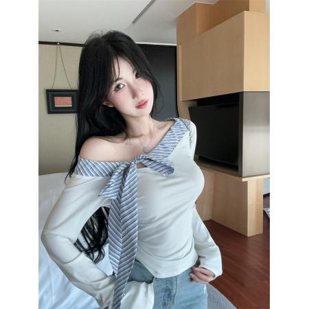 FA38783# 新款设计感蝴蝶结绑带格纹拼接一字肩长袖T恤女 服裝批發女裝批發服飾貨源
