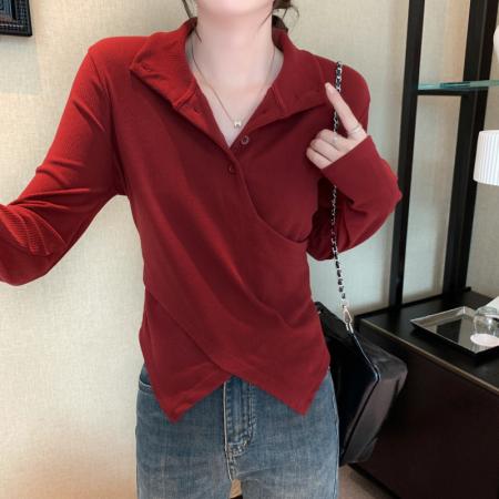 FA38786# 秋季复古设计感立领磨毛打底衫女修身气质内搭长袖T恤女 服裝批發女裝批發服飾貨源