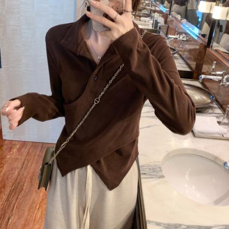 FA38786# 秋季复古设计感立领磨毛打底衫女修身气质内搭长袖T恤女 服裝批發女裝批發服飾貨源