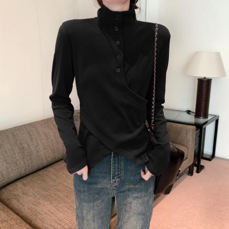 FA38786# 秋季复古设计感立领磨毛打底衫女修身气质内搭长袖T恤女 服裝批發女裝批發服飾貨源