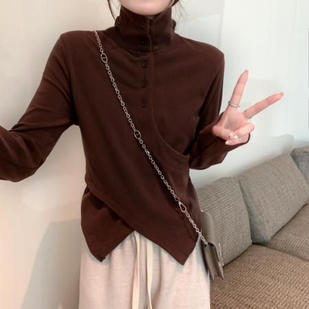 FA38786# 秋季复古设计感立领磨毛打底衫女修身气质内搭长袖T恤女 服裝批發女裝批發服飾貨源