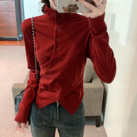 FA38786# 秋季复古设计感立领磨毛打底衫女修身气质内搭长袖T恤女 服裝批發女裝批發服飾貨源